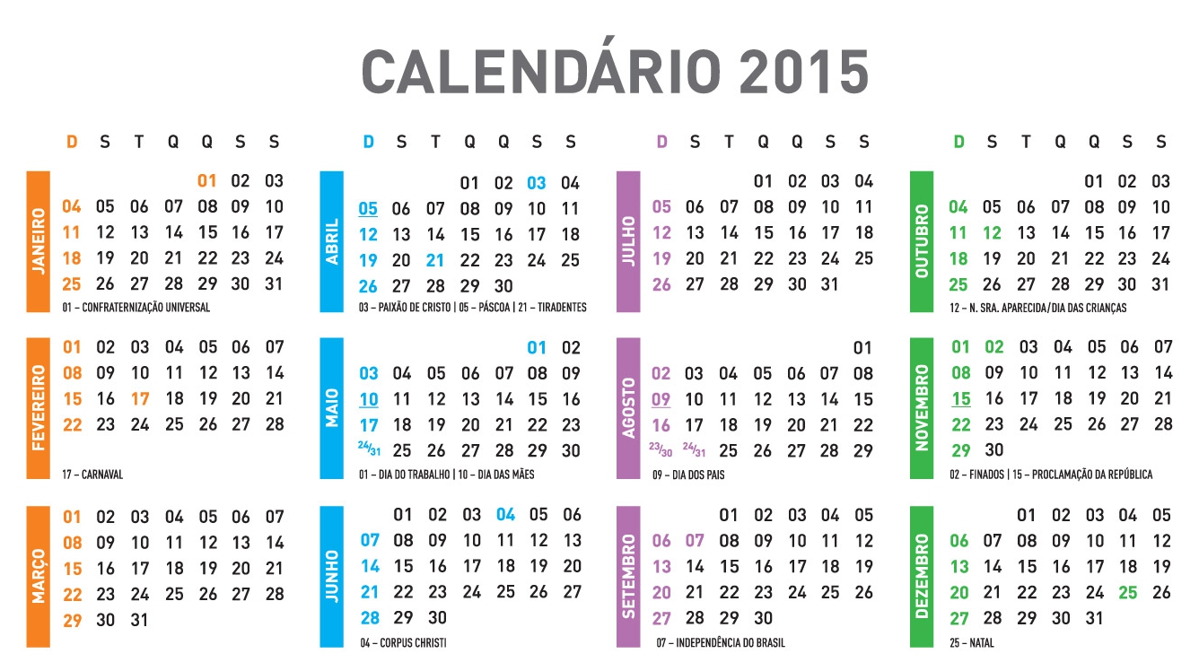 Calendário com Feriados em 2015